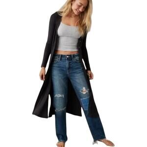 AE American Eagle Black Duster Card Large Ribbed Lightweight Long Sleeve Slit